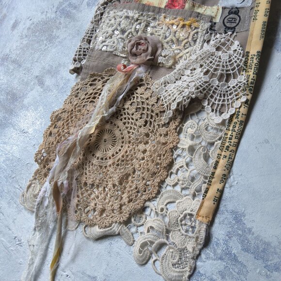Boho Bag Vintage Lace Rose/magnolia/flower Tassel Cotton Fringe Shabbychic belt - Picture 9 of 15